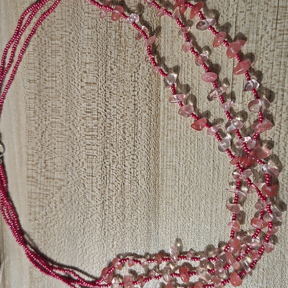 Vintage Rose Quartz And Red Seed Beaded Necklace Layered